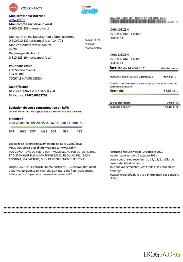 France EDF proof of address utility bill template in Word and PDF format